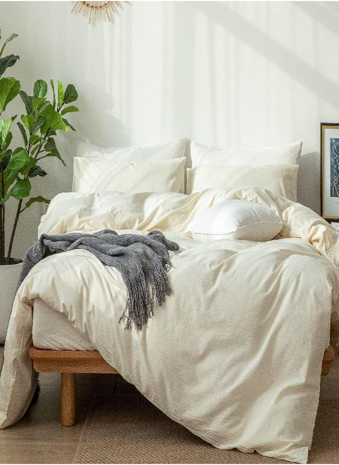 MooMee Bedding Duvet Cover Set 100% Washed Cotton Linen Like Textured Breathable Durable Soft Comfy (Cream White, Full Size)