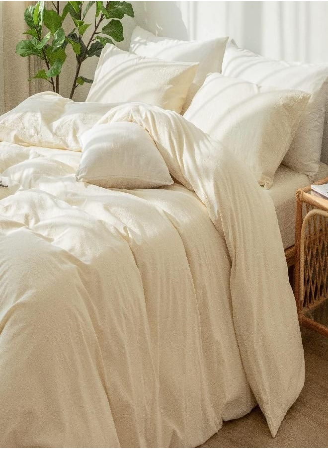 MooMee Bedding Duvet Cover Set 100% Washed Cotton Linen Like Textured Breathable Durable Soft Comfy (Cream White, Full Size)