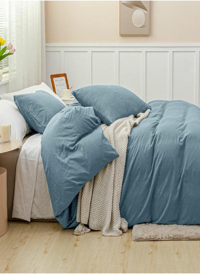 JELLYMONI Grayish Blue 100% Washed Cotton Duvet Cover Set, 3 Pieces Luxury Soft Bedding Set with Zipper Closure. Solid Color Pattern Duvet Cover Queen Size(No Comforter)
