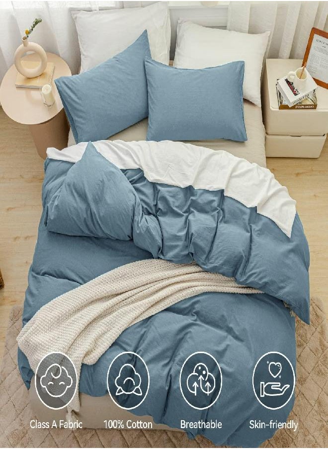 JELLYMONI Grayish Blue 100% Washed Cotton Duvet Cover Set, 3 Pieces Luxury Soft Bedding Set with Zipper Closure. Solid Color Pattern Duvet Cover Queen Size(No Comforter)