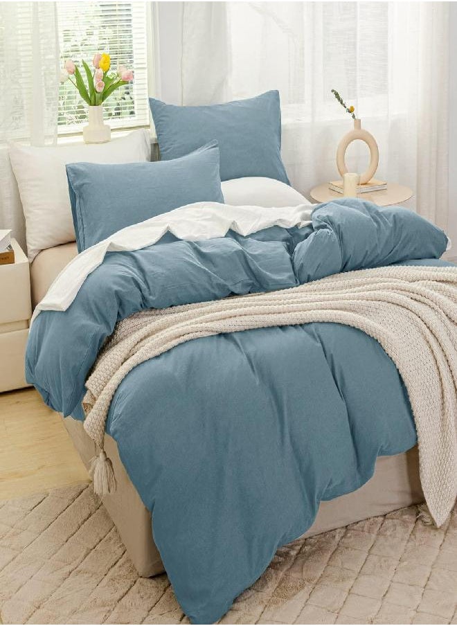 JELLYMONI Grayish Blue 100% Washed Cotton Duvet Cover Set, 3 Pieces Luxury Soft Bedding Set with Zipper Closure. Solid Color Pattern Duvet Cover Queen Size(No Comforter)