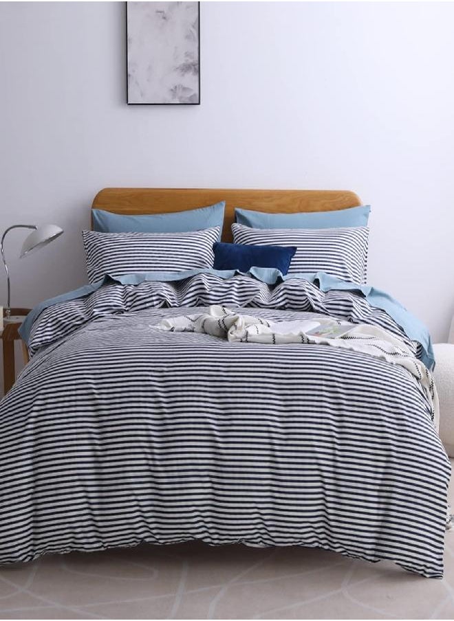 JELLYMONI 100% Natural Cotton 2pcs Striped Duvet Cover Sets,White Duvet Cover with Navy Blue Stripes Pattern Printed Comforter Cover,with Zipper Closure & Corner Ties(Twin Size)