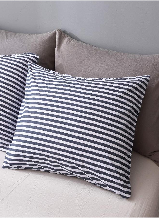 JELLYMONI 100% Natural Cotton 2pcs Striped Duvet Cover Sets,White Duvet Cover with Navy Blue Stripes Pattern Printed Comforter Cover,with Zipper Closure & Corner Ties(Twin Size)