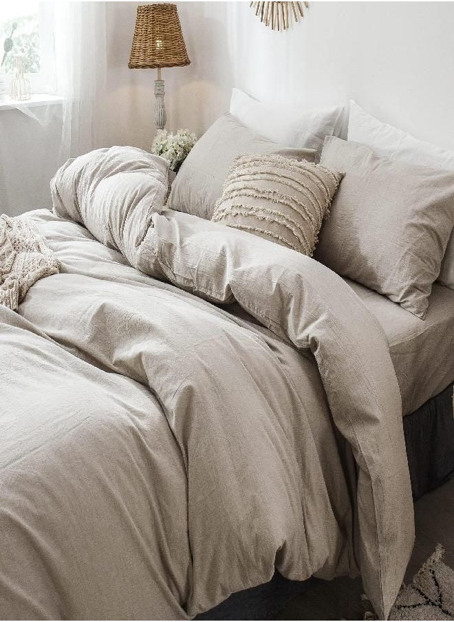 MooMee Bedding Duvet Cover Set 100% Washed Cotton Linen Like Textured Breathable Durable Soft Comfy (Tannish Linen Grey, Oversized King)