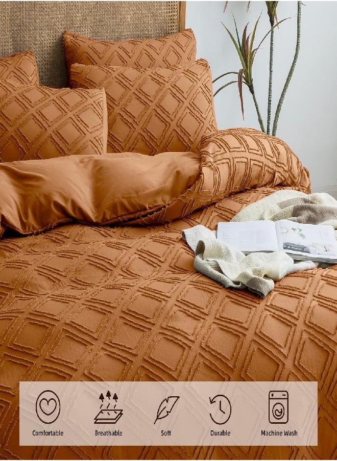 JELLYMONI Duvet Cover King, Rust Microfiber Tufted Duvet Cover Set, Boho Textured Duvet Cover Jacquard Rhombus Geometric Pattern Duvet Cover with Corner Ties & Zipper Closure