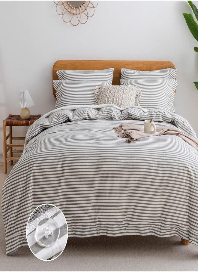 JELLYMONI King Duvet Cover Set- Cotton Duvet Cover 3 Pieces with Button Closure, 1 Duvet Cover and 2 Pillowcases(Grey with White Striped)