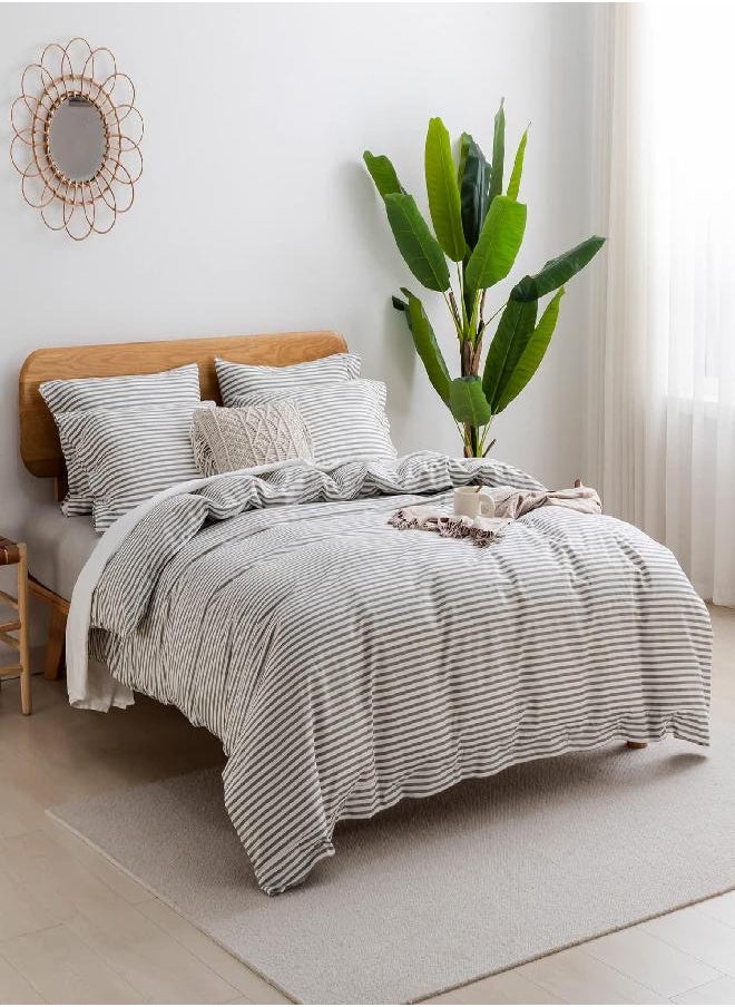 JELLYMONI King Duvet Cover Set- Cotton Duvet Cover 3 Pieces with Button Closure, 1 Duvet Cover and 2 Pillowcases(Grey with White Striped)