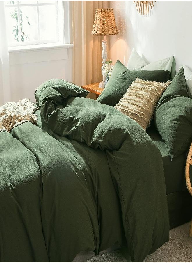 MooMee Bedding Duvet Cover Set 100% Washed Cotton Linen Like Textured Breathable Durable Soft Comfy (Olive Green, Twin)