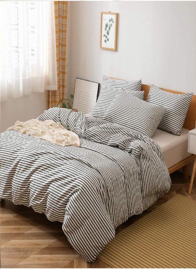 JELLYMONI 100% Natural Cotton 2pcs Striped Duvet Cover Sets,White Duvet Cover with Dark Grey Stripes Pattern Printed Comforter Cover,with Zipper Closure & Corner Ties(Twin Size)