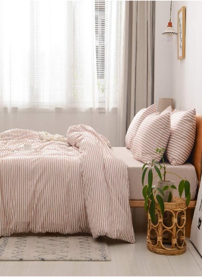 JELLYMONI 100% Natural Cotton 3pcs Striped Duvet Cover Sets,White Duvet Cover with Pink Stripes Pattern Printed Comforter Cover,with Zipper Closure & Corner Ties(Full Size)