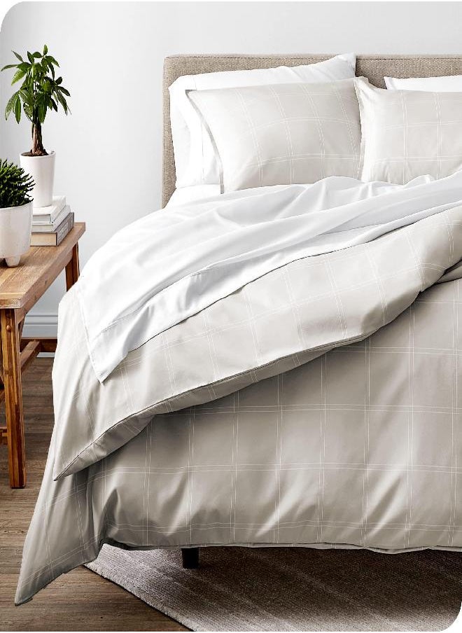 Bare Home Duvet Cover Queen Size - Premium 1800 Super Soft Duvet Covers Collection - Lightweight, Duvet Cover - Soft Textured Bedding Duvet Cover (Queen, Modern Plaid - Stone/White)