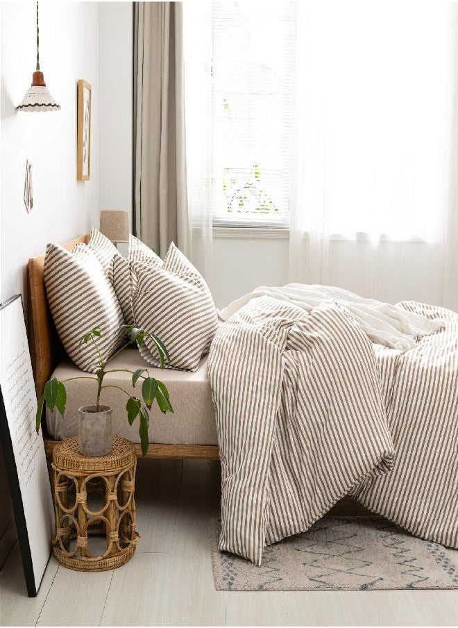 JELLYMONI 100% Natural Cotton 2pcs Striped Duvet Cover Sets,White Duvet Cover with Khaki Stripes Pattern Printed Comforter Cover,with Zipper Closure & Corner Ties(Twin Size)