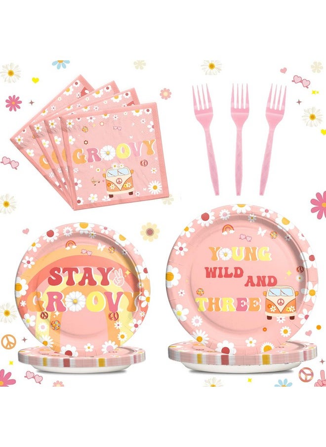 Young Wild And Three Party Supplies Tableware Set, Young Wild And Three Party Decorations, 3Rd Birthday Decorations Girl, Hippie Boho Theme Plates Napkins Forks Serves For 24 Guests