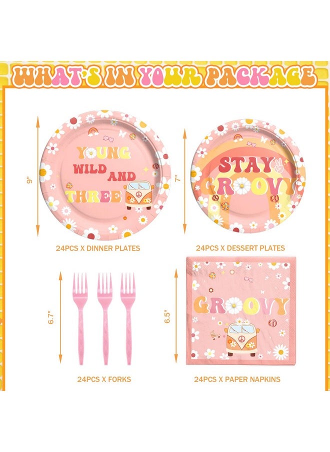 Young Wild And Three Party Supplies Tableware Set, Young Wild And Three Party Decorations, 3Rd Birthday Decorations Girl, Hippie Boho Theme Plates Napkins Forks Serves For 24 Guests