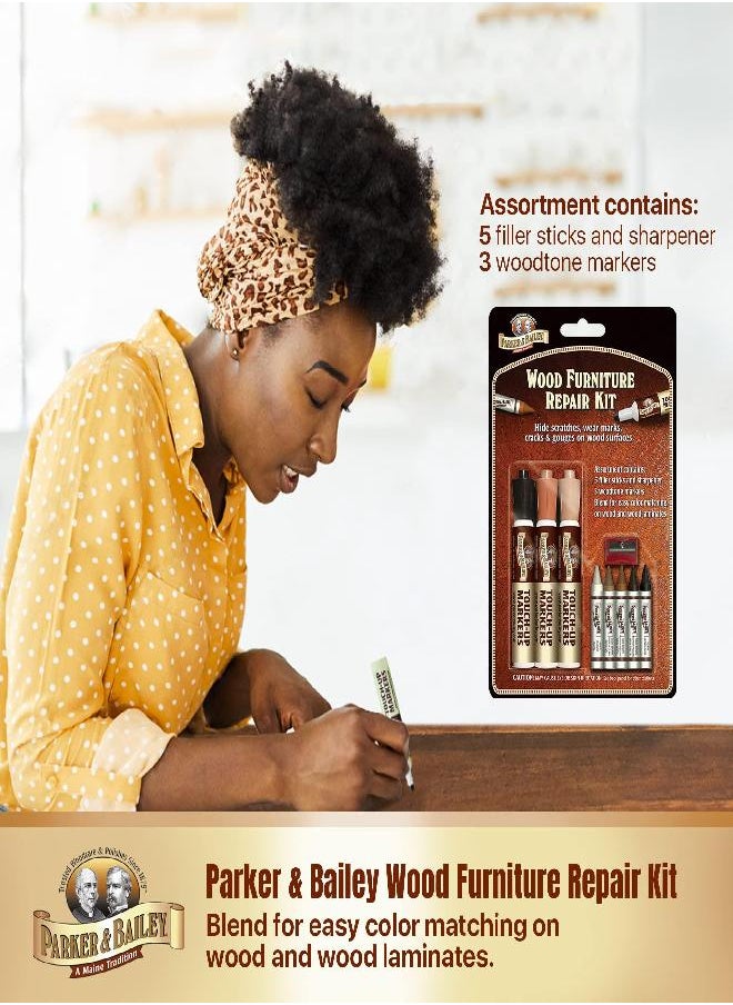 Parker & Bailey Wood Repair Kit - Furniture Markers Touch Up Furniture Scratch Repair Markers Wood Floor Scratch Remover Wood Marker Wood Stain Marker for Wood Furniture Wood Pens for Scratches