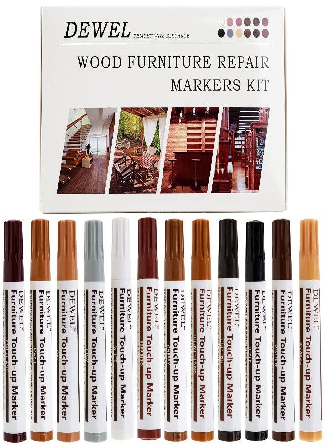 DEWEL New Upgrade Furniture Pens for Touch Up, 12 Colors Wood Scratch Repair Markers, Professional Repair Tools for Stains, Scratches, Wood Floors, Tables, Bedposts