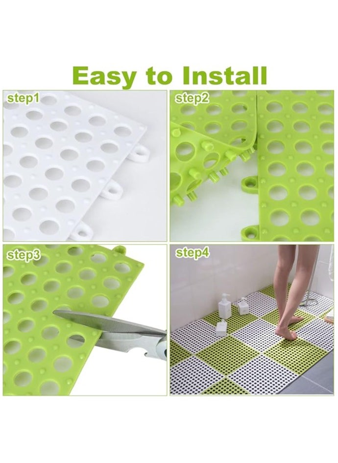 12 Pack Interlocking Non Slip Drainage Floor Tiles, 11.8 X 11.8 Inch Soft PVC Bath Shower Floor Mat with Suctions Cups, Drainage Holes for Bathroom, Kitchen, Pool, Wet Areas