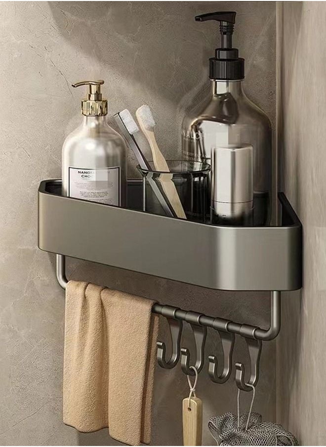 1-Pieces Bathroom Shelf Shower Shampoo Soap Organizer Wall Mounts Storage Rack With Hooks Gray 27.1 x 23.7 x 4.5 Centimeter