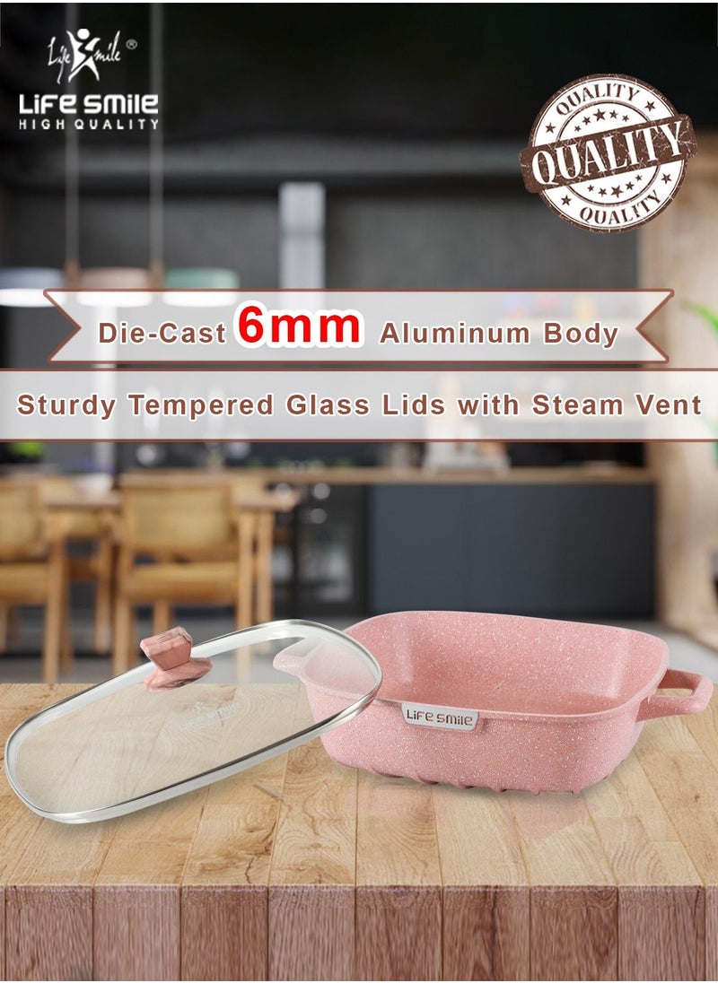 28cm (4.5 Liter) Square Frying Pan - Aluminum Shallow Pot With Glass Lid Multi Layer Non-Stick Granite Coating