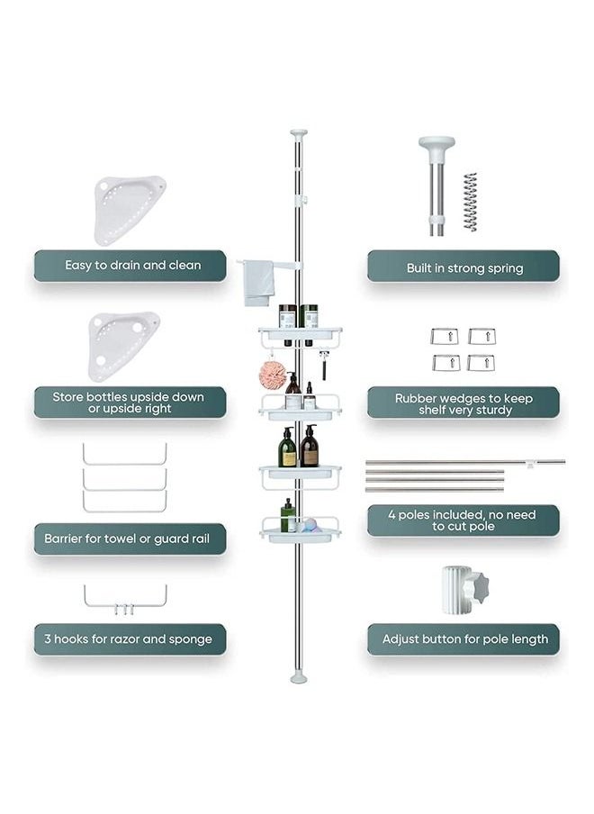 4 Tier Shower Caddy Tension Pole Bathroom Corner Shelf Adjustable Storage Rack Bathtub Telescopic Shampoo Soap Organiser with Towel Bar