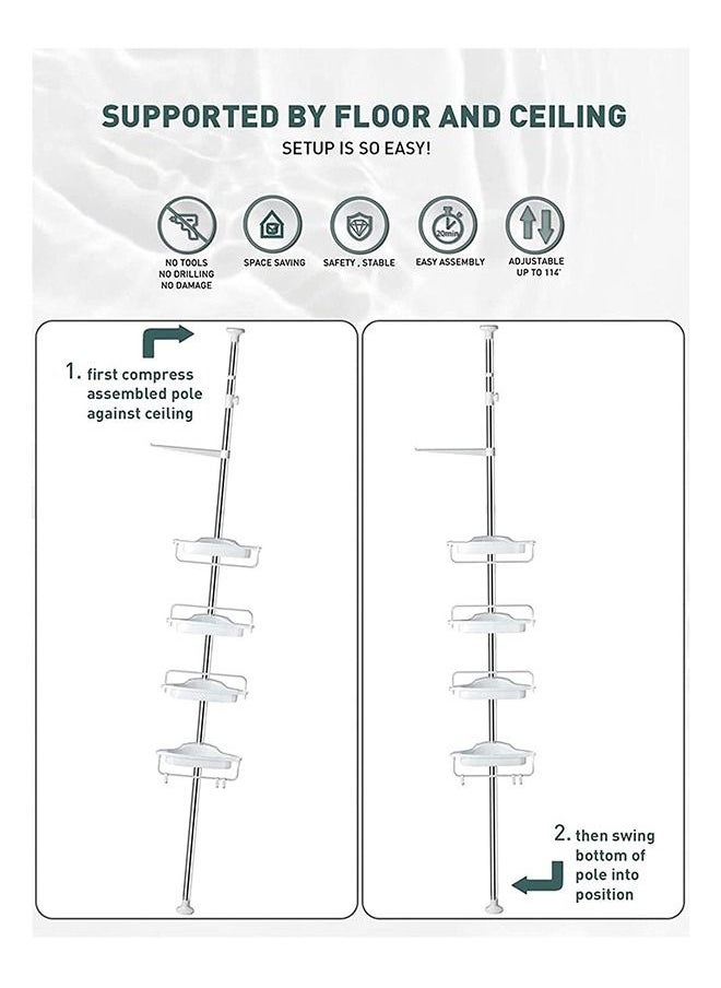 4 Tier Shower Caddy Tension Pole Bathroom Corner Shelf Adjustable Storage Rack Bathtub Telescopic Shampoo Soap Organiser with Towel Bar