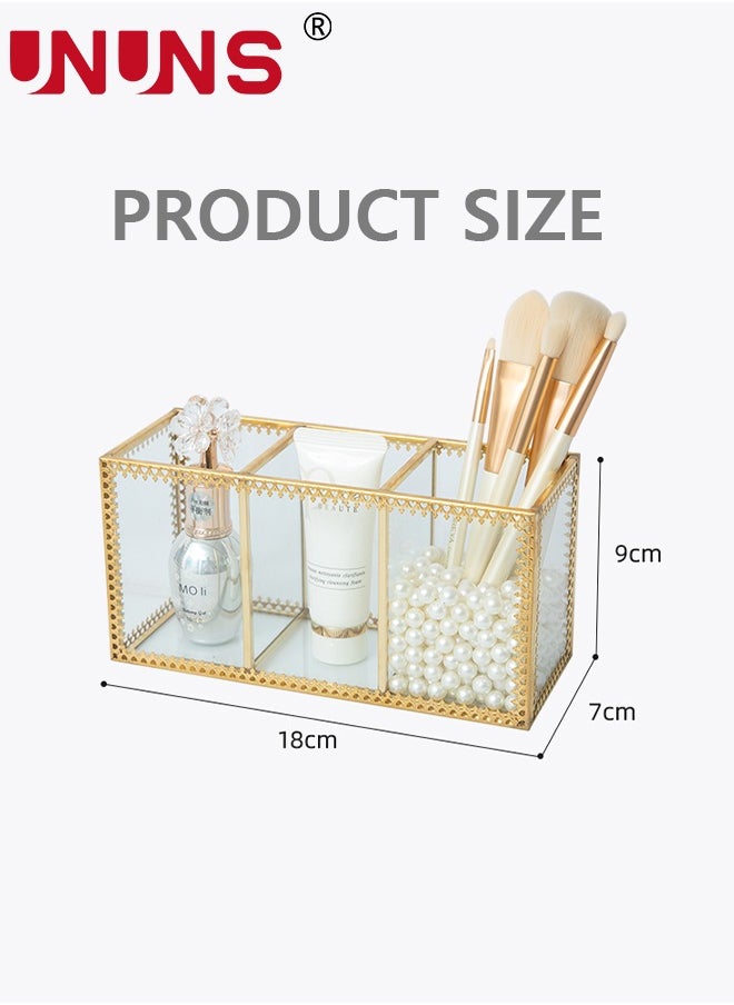 Gold Glass Makeup Organizer - Perfume Cosmetic Holder - Makeup Brush Holder - Jewelry Organizer Makeup Display Organizer on Dresser, Multifunctional Cosmetic Storage for Bedroom, Dresser, Countertop