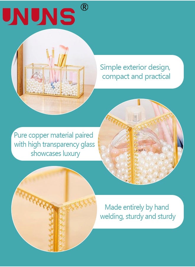 Gold Glass Makeup Organizer - Perfume Cosmetic Holder - Makeup Brush Holder - Jewelry Organizer Makeup Display Organizer on Dresser, Multifunctional Cosmetic Storage for Bedroom, Dresser, Countertop