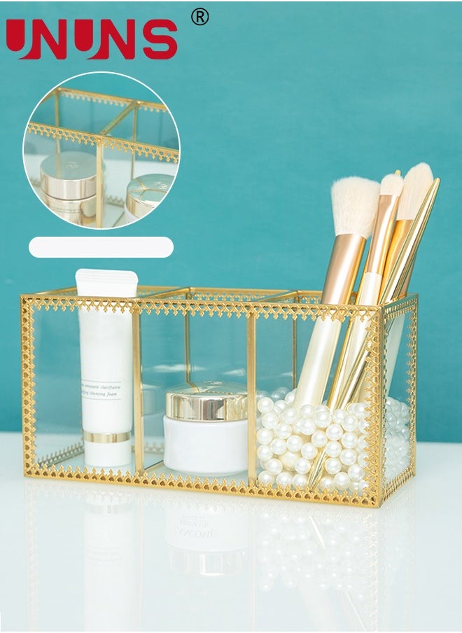 Gold Glass Makeup Organizer - Perfume Cosmetic Holder - Makeup Brush Holder - Jewelry Organizer Makeup Display Organizer on Dresser, Multifunctional Cosmetic Storage for Bedroom, Dresser, Countertop