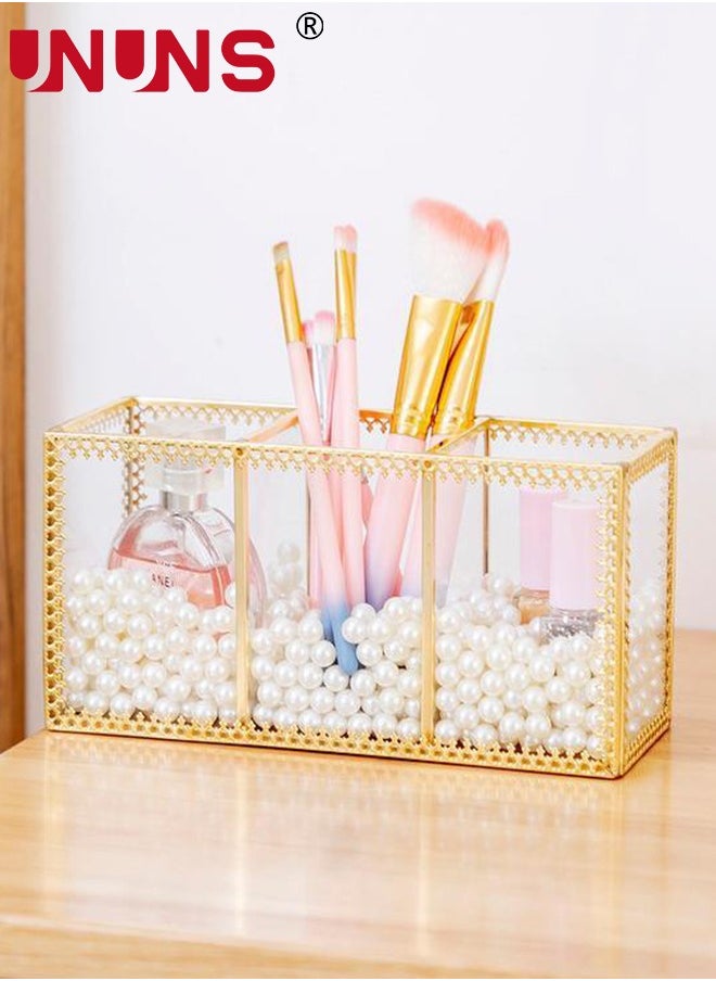 Gold Glass Makeup Organizer - Perfume Cosmetic Holder - Makeup Brush Holder - Jewelry Organizer Makeup Display Organizer on Dresser, Multifunctional Cosmetic Storage for Bedroom, Dresser, Countertop