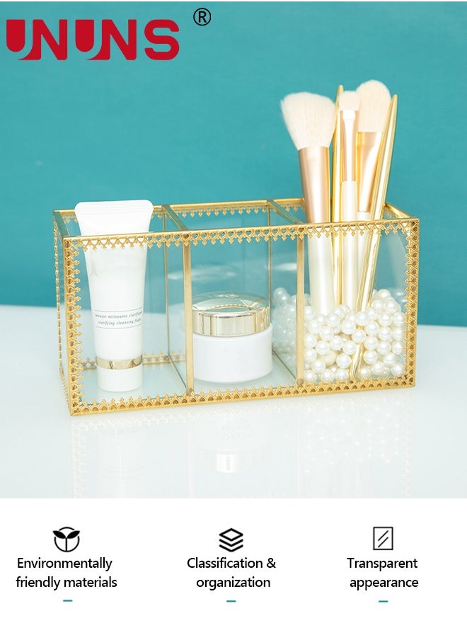 Gold Glass Makeup Organizer - Perfume Cosmetic Holder - Makeup Brush Holder - Jewelry Organizer Makeup Display Organizer on Dresser, Multifunctional Cosmetic Storage for Bedroom, Dresser, Countertop