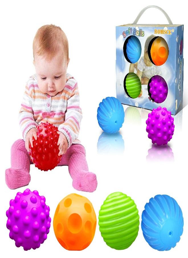 Montessori Toys for Babies 3 Months+, Baby Balls 3 to 12 Month for Babies & Toddlers 3M+, Textured Multi Ball Set Colorful & Soft Squeezy Sensory Toys. Stress Relief Balls for Infant (4 Pack)