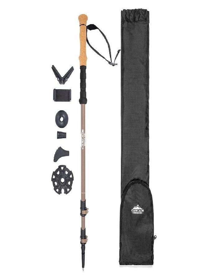 Cascade Mountain Tech Trekking Poles - Carbon Fiber Monopod Walking or Hiking Stick with Accessories Mount & Adjustable Quick Locks (Single Pole), Brown