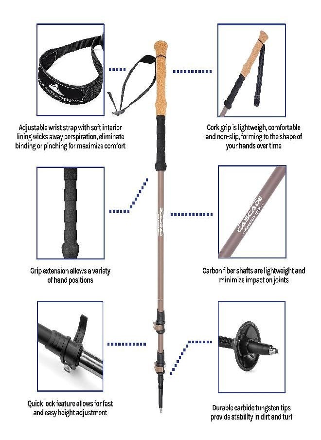 Cascade Mountain Tech Trekking Poles - Carbon Fiber Monopod Walking or Hiking Stick with Accessories Mount & Adjustable Quick Locks (Single Pole), Brown