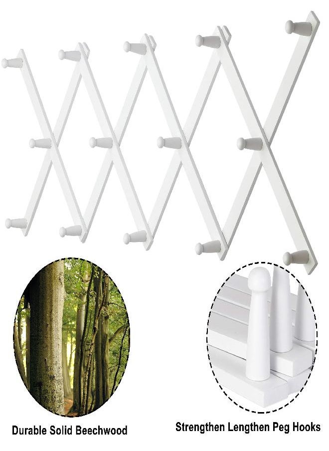 Dseap Accordian Wall Hanger: 16” High Wooden Wall Expandable Coat Rack, Hat Rack Holder, Accordion Hook for Baseball Caps, Coats, Mugs, 13 Peg Hooks, White