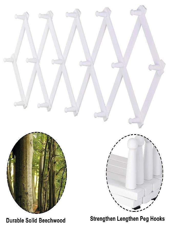 Dseap Accordian Wall Hanger: 16” High Wooden Wall Expandable Coat Rack, Hat Rack Holder, Accordion Hook for Baseball Caps, Coats, Mugs, 16 Peg Hooks, White