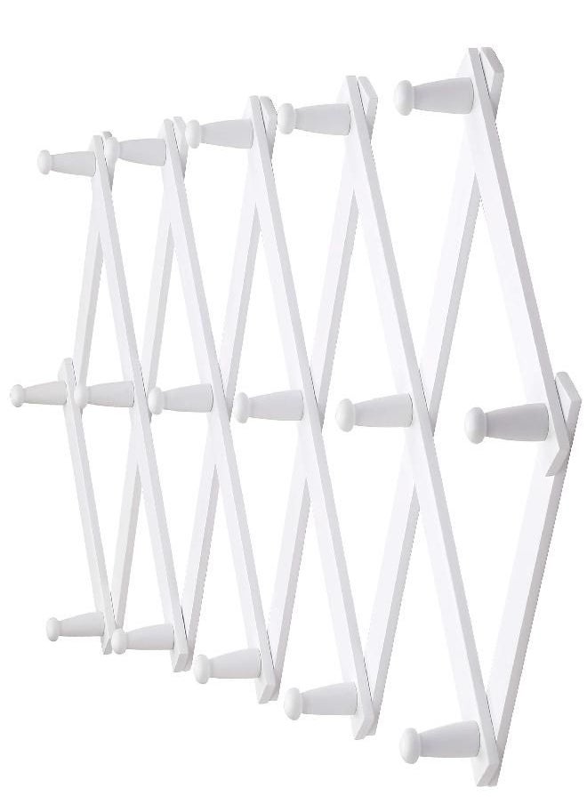 Dseap Accordian Wall Hanger: 16” High Wooden Wall Expandable Coat Rack, Hat Rack Holder, Accordion Hook for Baseball Caps, Coats, Mugs, 16 Peg Hooks, White