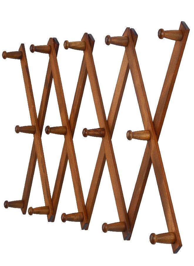 Dseap Accordian Wall Hanger: 16” High Wooden Wall Expandable Coat Rack, Hat Rack Holder, Accordion Hook for Baseball Caps, Coats, Mugs, 13 Peg Hooks, Brown