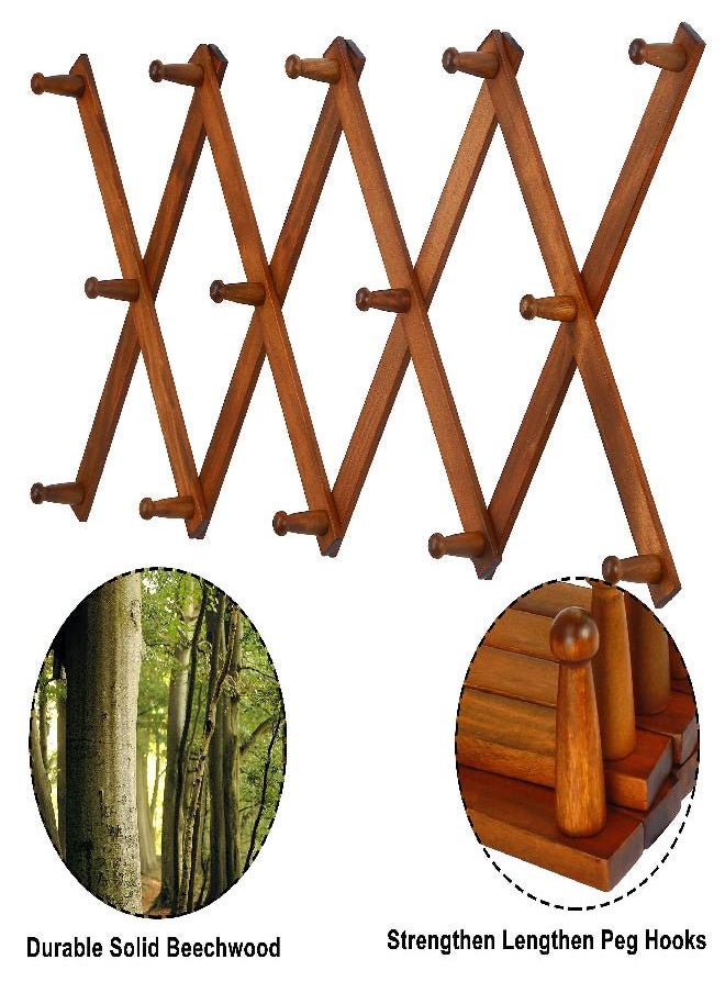 Dseap Accordian Wall Hanger: 16” High Wooden Wall Expandable Coat Rack, Hat Rack Holder, Accordion Hook for Baseball Caps, Coats, Mugs, 13 Peg Hooks, Brown