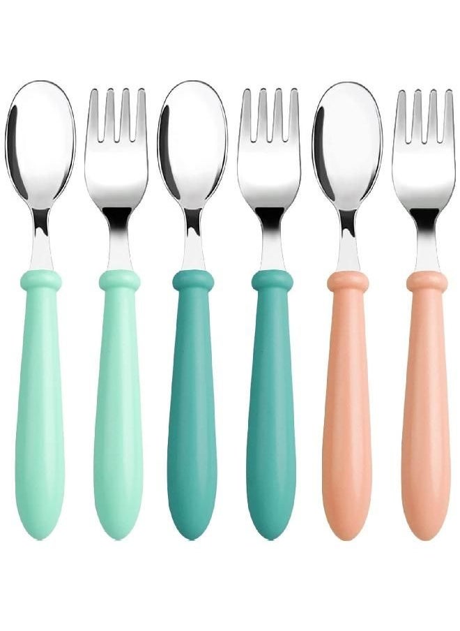 6 Pieces Toddler Utensils Stainless Steel Baby Forks and Spoons Kids Silverware Set Children's Safe Flatware Metal Baby Cutlery Set with Round Handle, 3 x Cute Forks, 3 x Children Spoons