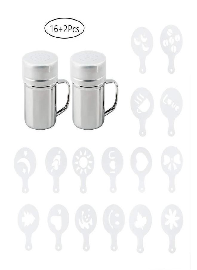 AIFUDA 2 Pcs Stainless Steel Dredge Shaker with Handle and 16 pcs Printing Molds Stencils, Salt Pepper Coffee Cocoa Cinnamon Powder Can with Hole for Kitchen Baking Cooking