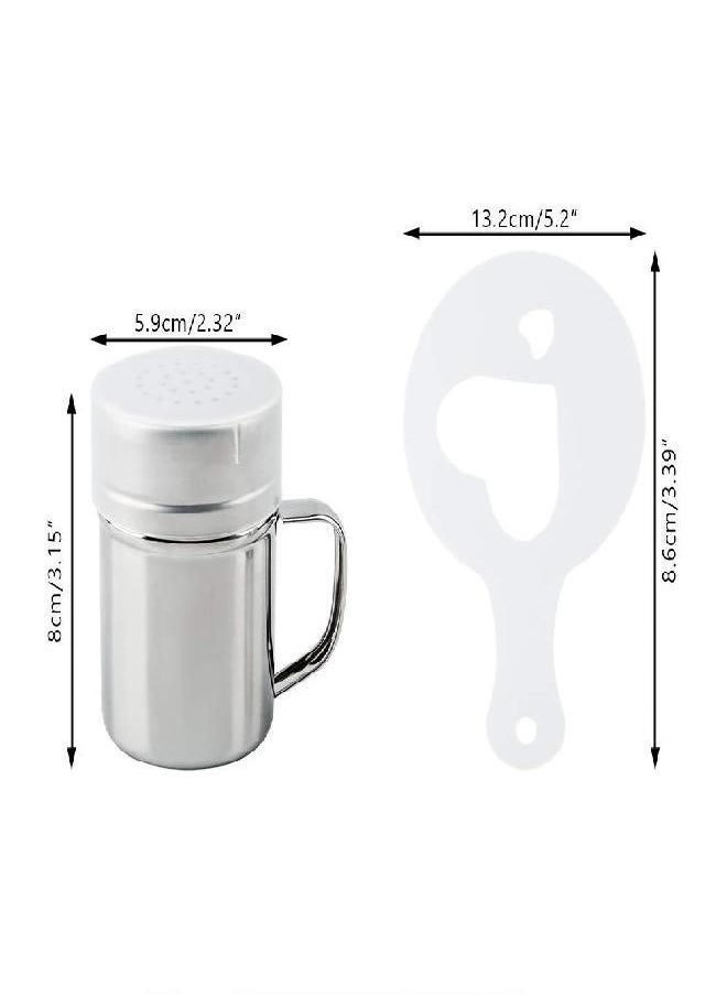 AIFUDA 2 Pcs Stainless Steel Dredge Shaker with Handle and 16 pcs Printing Molds Stencils, Salt Pepper Coffee Cocoa Cinnamon Powder Can with Hole for Kitchen Baking Cooking