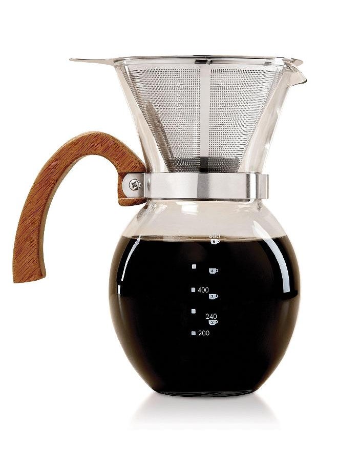 Fino Pour-Over Coffee Maker, Borosilicate Glass and Bamboo Handle, Stainless Steel Filter, 4-Servings, 22-Ounce Capacity