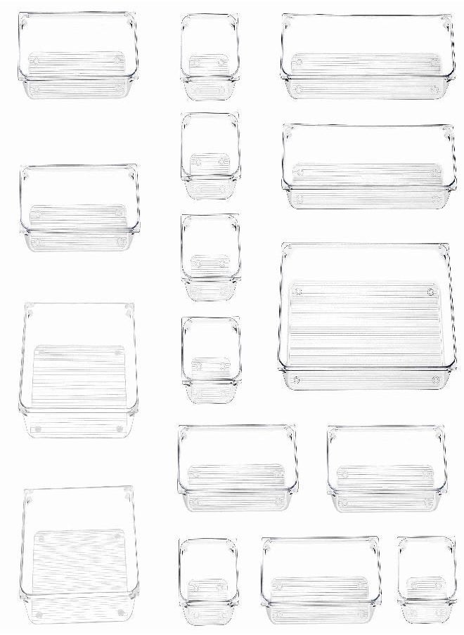 16 PCS Clear Plastic Drawer Organizers Set,5-Size Versatile Bathroom and Vanity Drawer Organizer Trays, Storage Bins for Makeup, Jewelries, Kitchen Utensils and Office