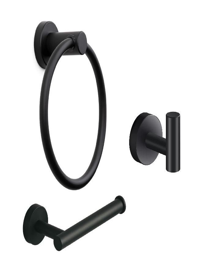 Marmolux Acc - 3 Piece Bathroom Hardware Set with Matte Black Toilet Paper Holder, Towel Ring & Towel Hook - Stainless Steel Matte Black Bathroom Accessories Set.