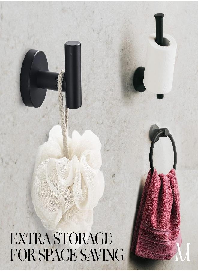 Marmolux Acc - 3 Piece Bathroom Hardware Set with Matte Black Toilet Paper Holder, Towel Ring & Towel Hook - Stainless Steel Matte Black Bathroom Accessories Set.