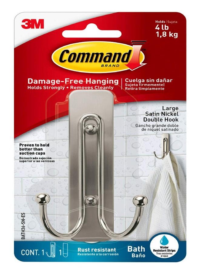 Command Large Double Bathroom Wall Hook, Damage Free Hanging Bath Hook with Adhesive Strip, Double Hook for Hanging Bath Towels, 1 Satin Nickel Colored Wall Hook and 1 Water-Resistant Command Strip, 0