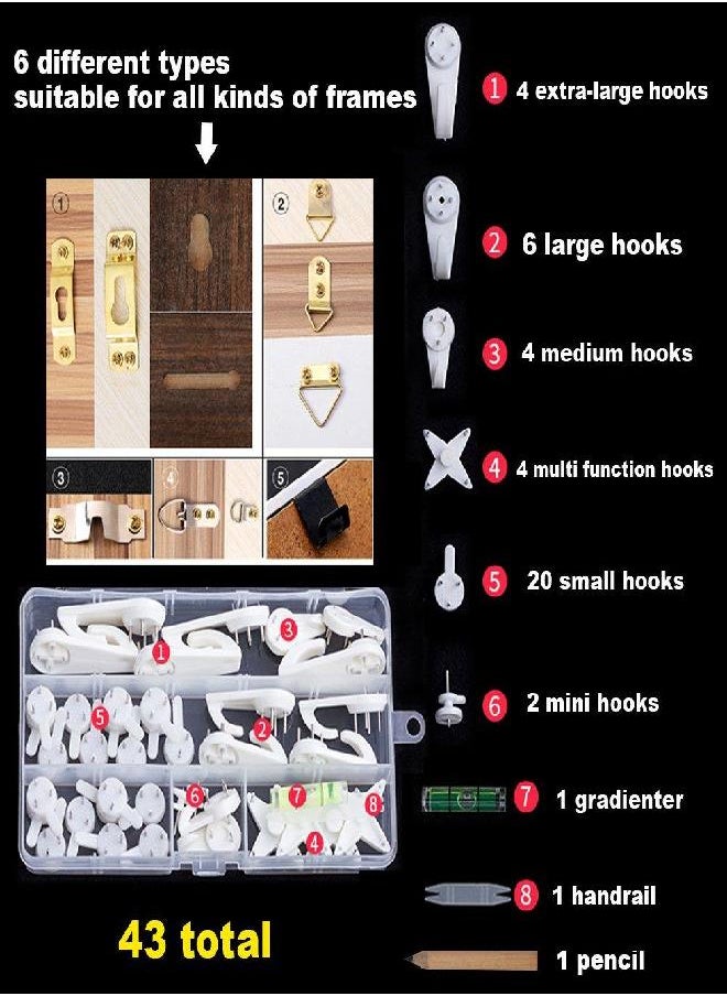 EuTengHao 43Pcs Invisible Nail Screws Wall Hooks No Trace Picture Hangers Traceless Photo Hook Hardwall Drywall Picture Hooks Multi Function Heavy Duty Picture Art Painting Frame Hanger (35Lbs,6Types)