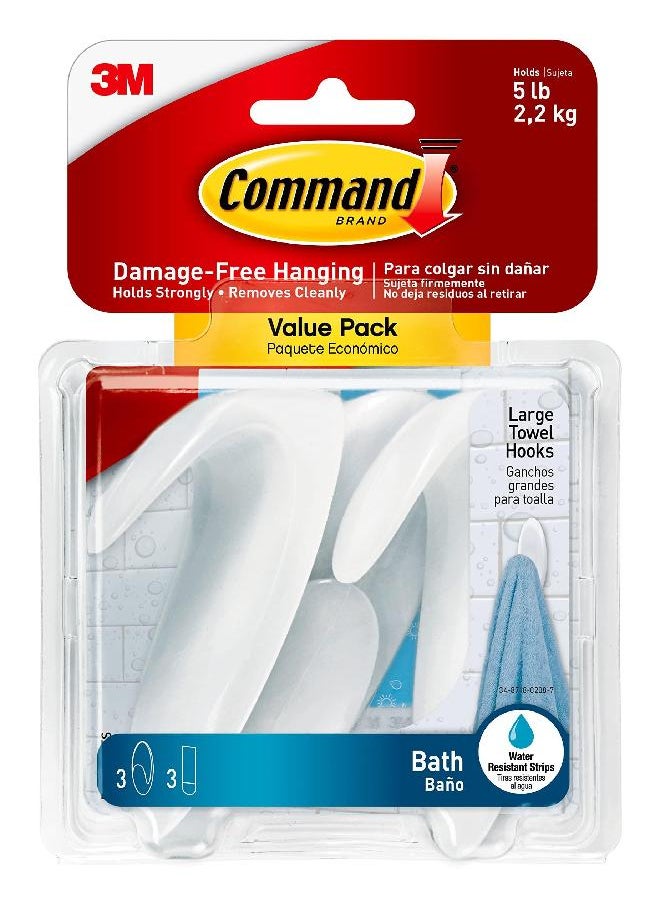 Command Bath Large Towel Hook Value Pack, Clear Frosted, 3-Large Hooks, 3-Water-Resistant Strips, Organize Damage-Free