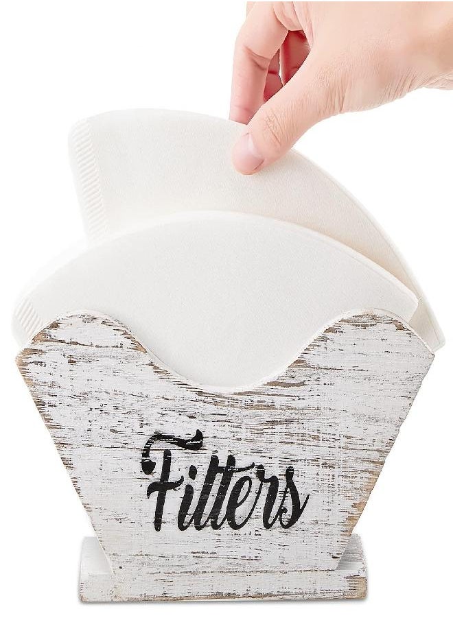 Farmhouse Coffee Filter Holder Rustic Wooden Cone Coffee Filters Pine Wood Coffee Filter Holder White Rustic Style Filter Storage for Decor Shelf Storage Square Cone Shaped Flat Bottomed Paper Filters
