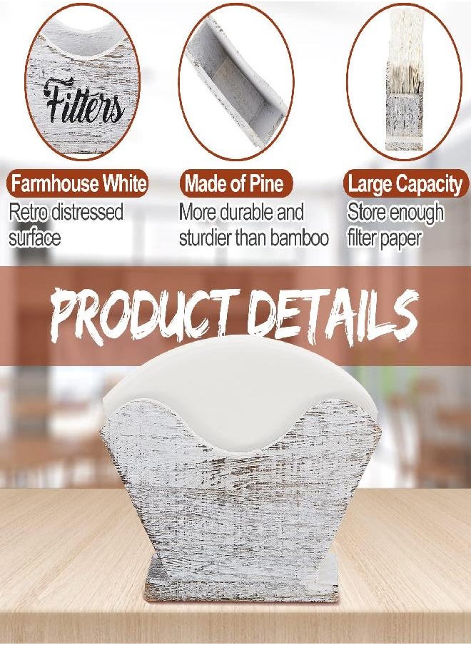 Farmhouse Coffee Filter Holder Rustic Wooden Cone Coffee Filters Pine Wood Coffee Filter Holder White Rustic Style Filter Storage for Decor Shelf Storage Square Cone Shaped Flat Bottomed Paper Filters
